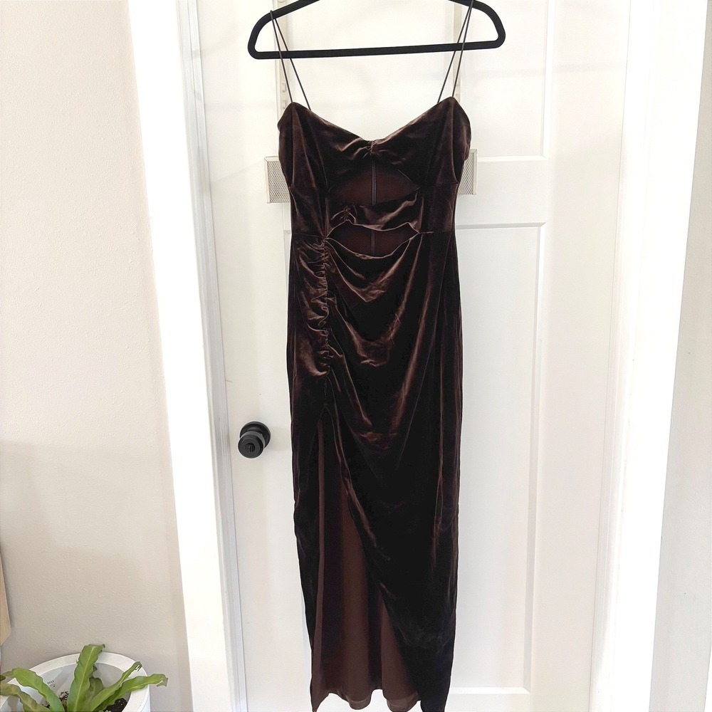 Nookie Verve‎ Size Large Gown Chocolate Brown Velvet Cutout Slit Maxi Dress Sexy